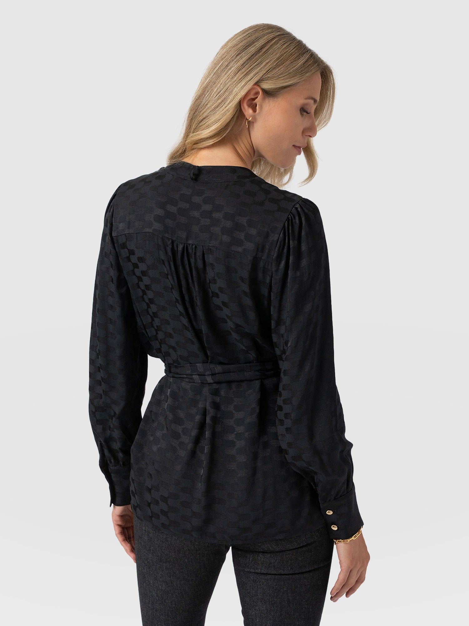 Joselyn V Neck Blouse - Black Jacquard - Women's Blouses | Saint + Sofia® USA
